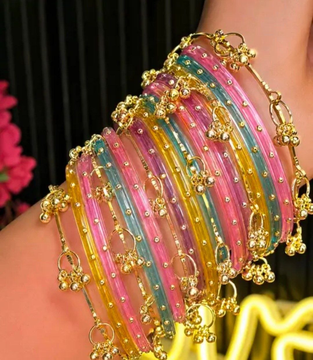 Multi-Coloured Festive Glass Bangle Set with Golden Ghungroo Latkans