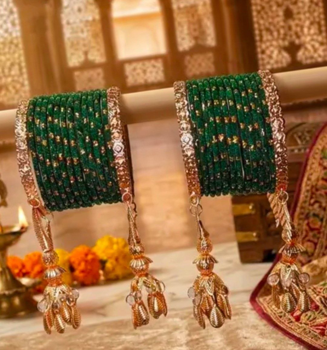 Royal Green Silk-Thread Bangle Set with Golden Jhumki Latkan & Embellished Border Kadas