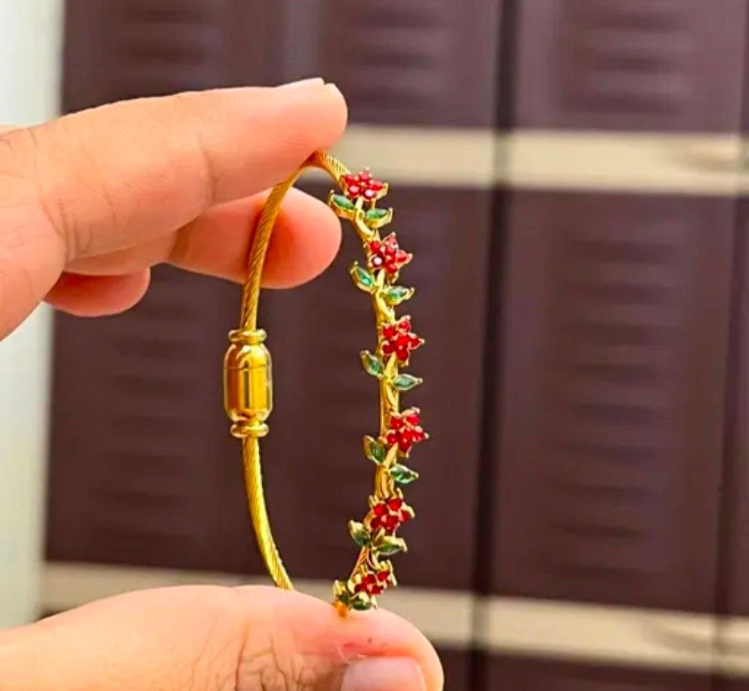 Contemporary Brass-Plated Cable Wire Cuff Bangle with Ruby Floral &amp; Green Leaf Motifs