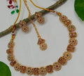 Traditional Antique Gold Motifs Jewellery Set with Pearls, Ruby-Emerald Accents, Matching Studs &amp; Tikka